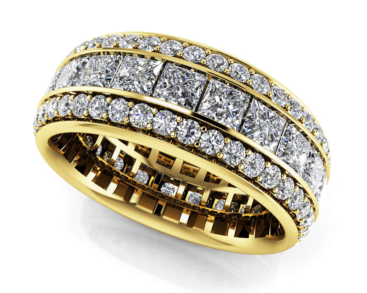 Three Row Princess And Round Eternity Band In White Yellow Gold Or Platinum