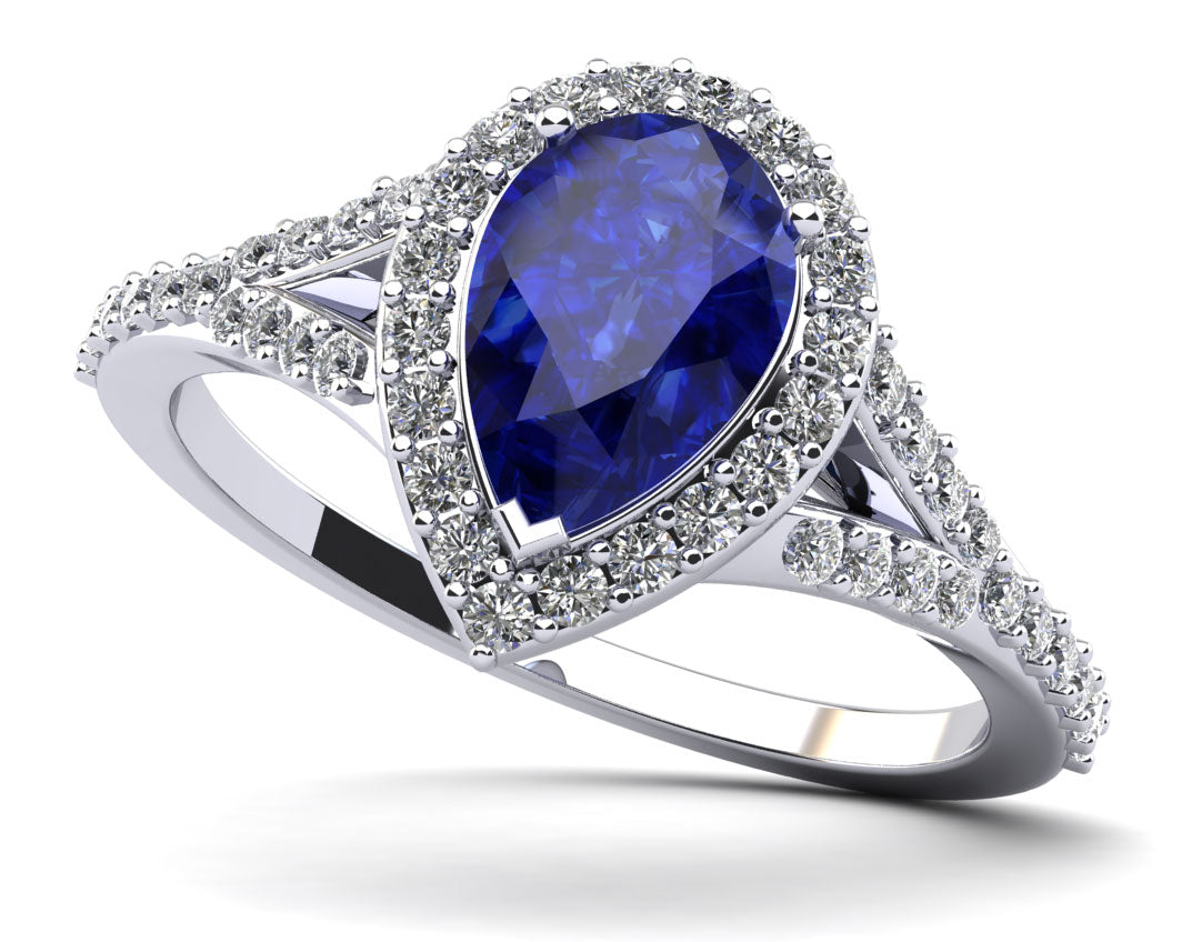 Pear Shape Halo Diamond And Gemstone Anniversary Ring