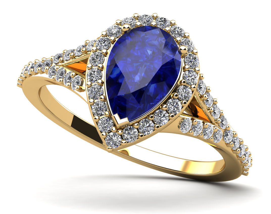 Pear Shape Halo Diamond And Gemstone Anniversary Ring
