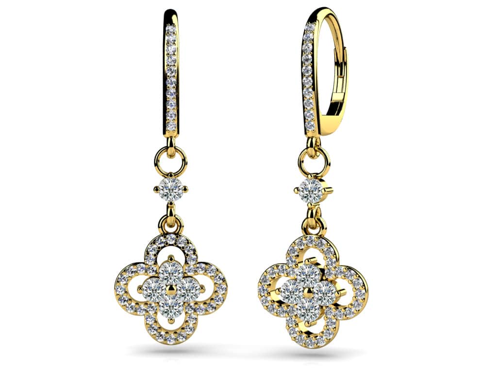 Diamond Clover Drop Earrings In White Yellow Or Rose Gold