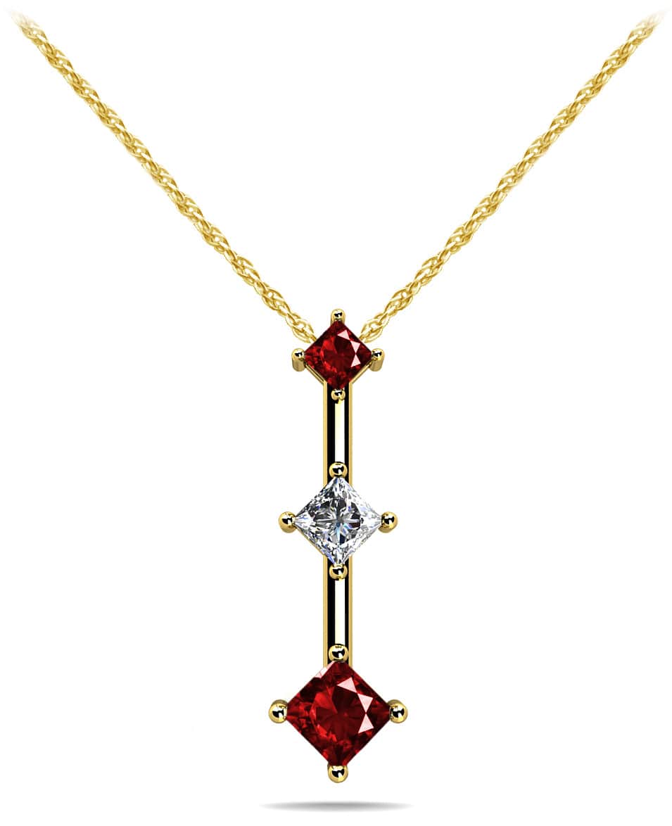 Offset Princess Cut Gemstone And Diamond Pendant In White Yellow Or Rose Gold