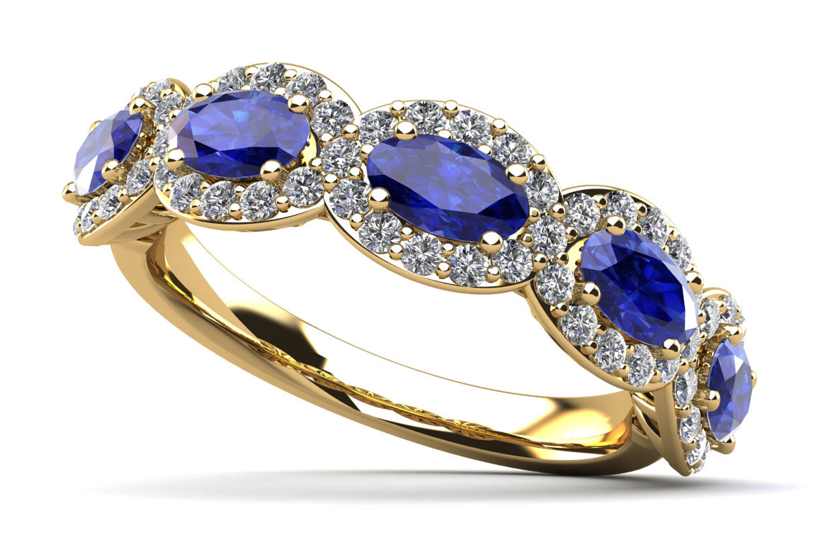 Oval Halo Diamond And Gemstones Anniversary Ring